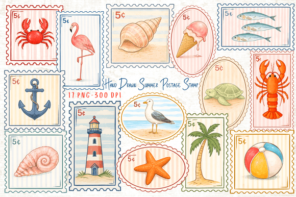 Download Hand Drawn Summer Postage Stamp Clipart - Stamp Collection