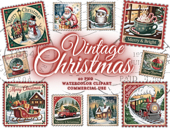 Download Vintage Christmas Png Bundle Stamps Png - Stamp Collection